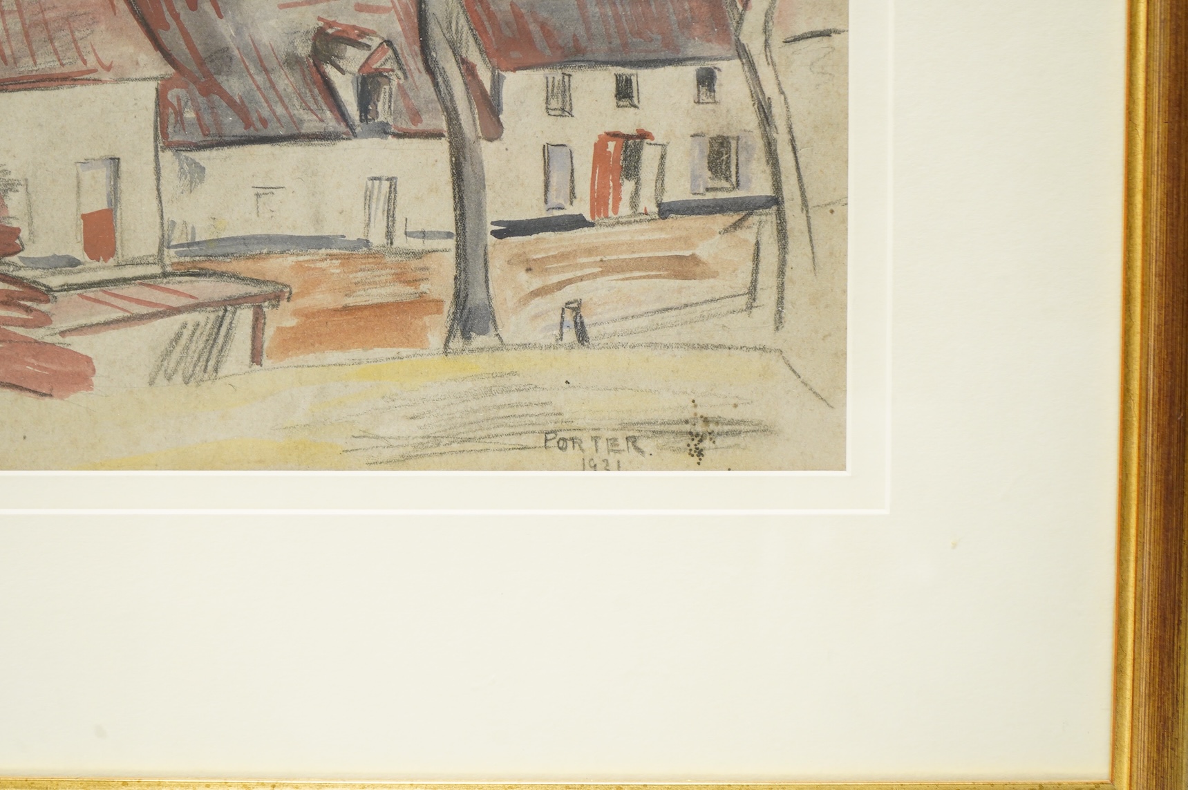 Frederick J Porter (1883-1944), ‘The Village’, signed and dated 1921, mixed media, 24 x 33cm